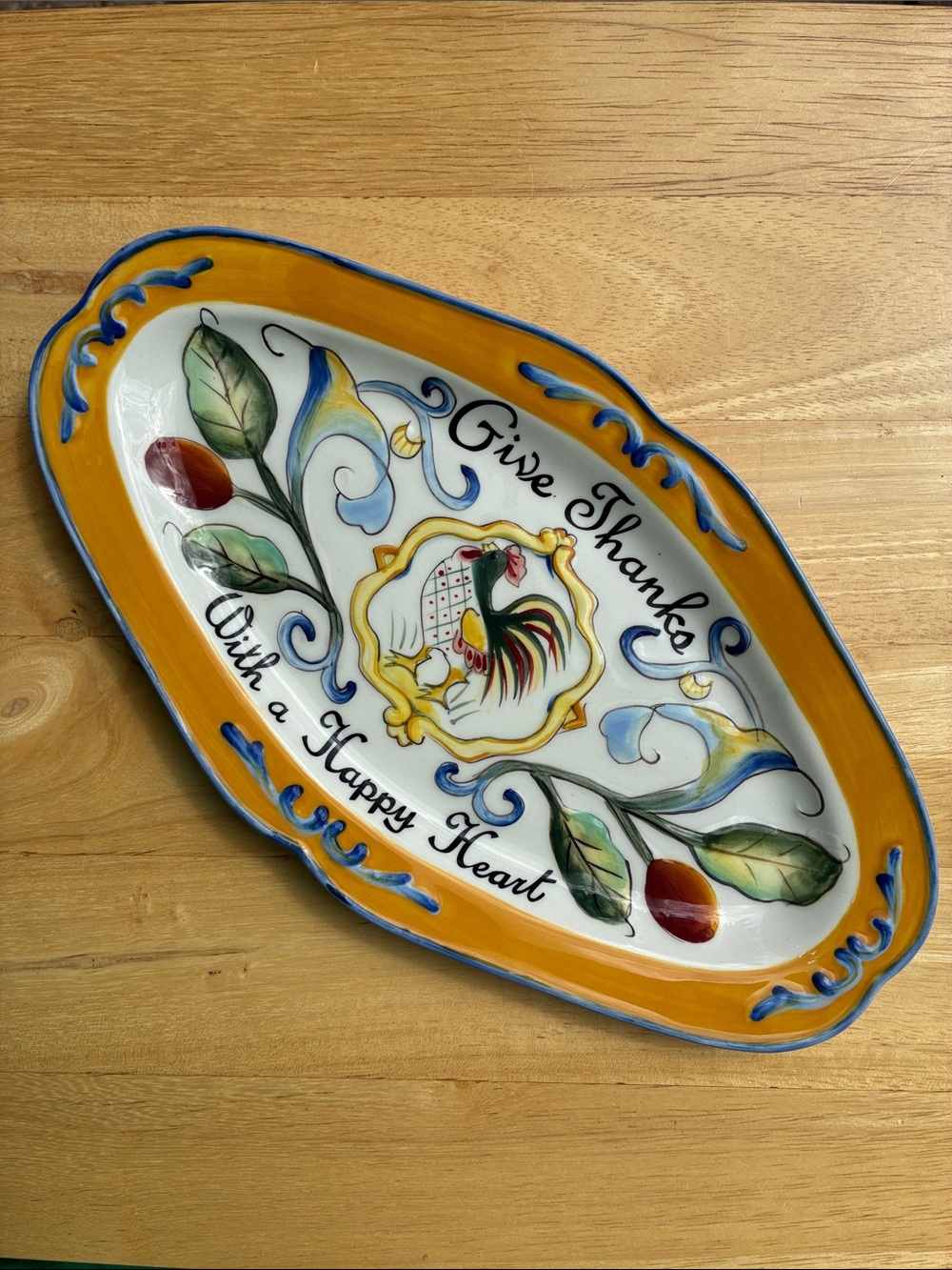 Fitz and Floyd “Give Thanks with a Happy Heart” ceramic plate with rooster